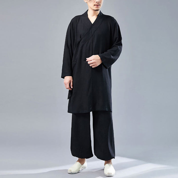Juego de ropa de meditación Zen Tai Chi de algodón y lino, camisa de hombre de manga larga con cuello en V y pantalones, 2 piezas - Negro - US/UK/AU42, UE52 (XL)  - image 21