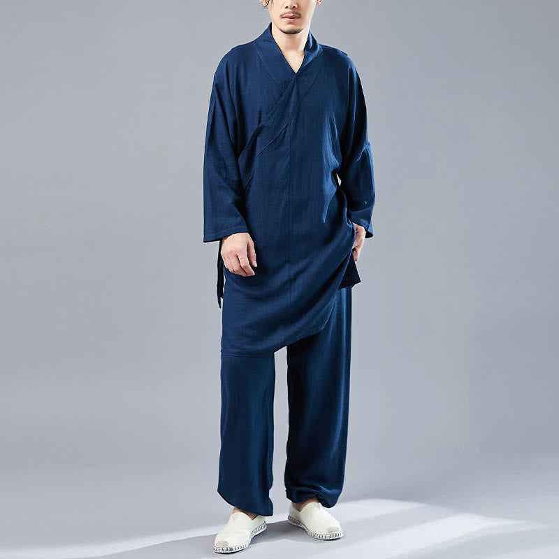 Juego de ropa de meditación Zen Tai Chi de algodón y lino, camisa de hombre de manga larga con cuello en V y pantalones, 2 piezas - Azul acero - US/UK/AU42, UE52 (XL)  - image 31
