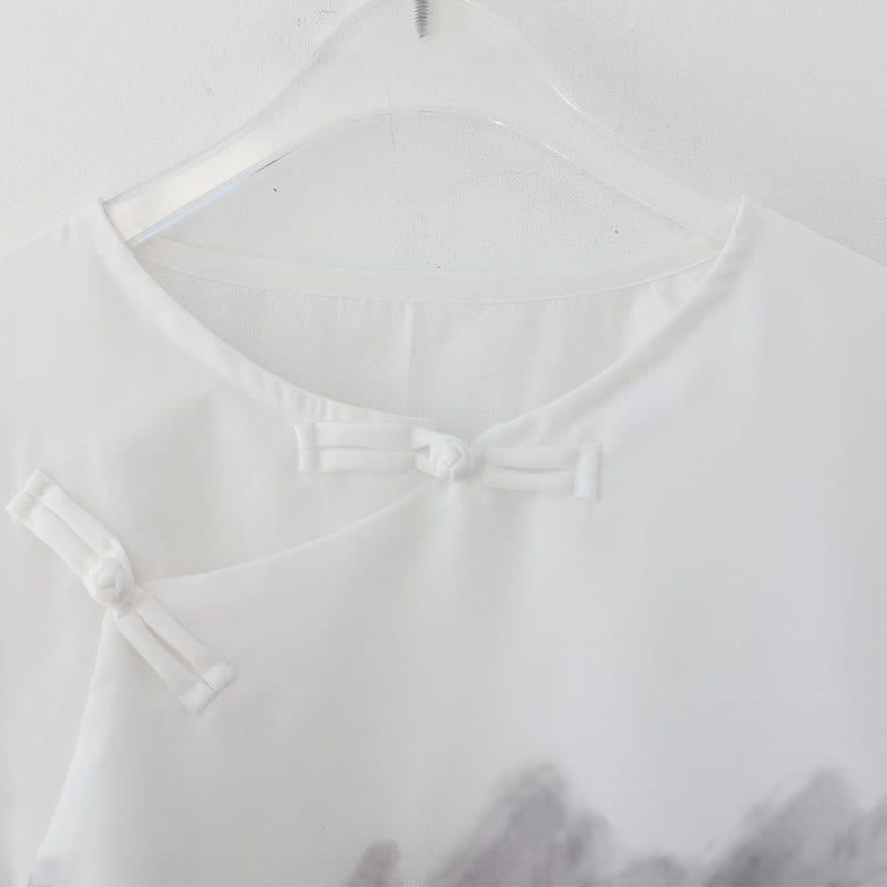 Camisa de Media Manga con Pintura de Tinta de Paisaje de Montaña y Botones de Rana para Hombre de Buddha Stones