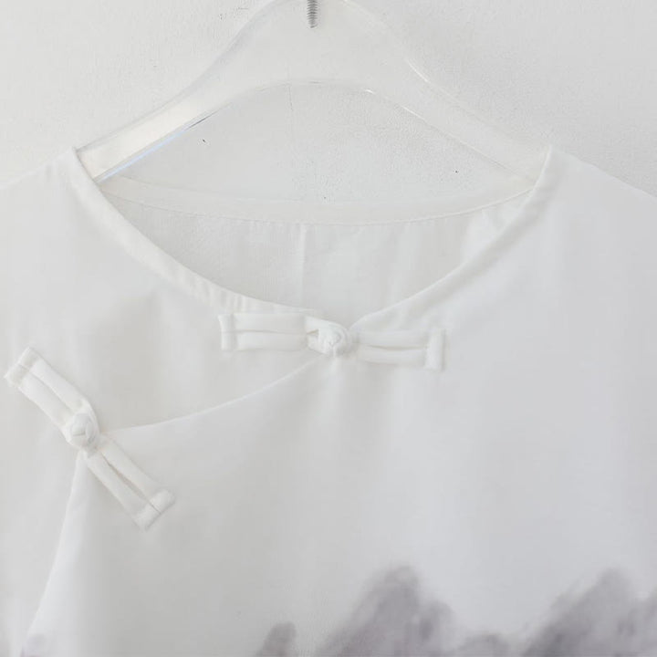 Camisa de Media Manga con Pintura de Tinta de Paisaje de Montaña y Botones de Rana para Hombre de Buddha Stones