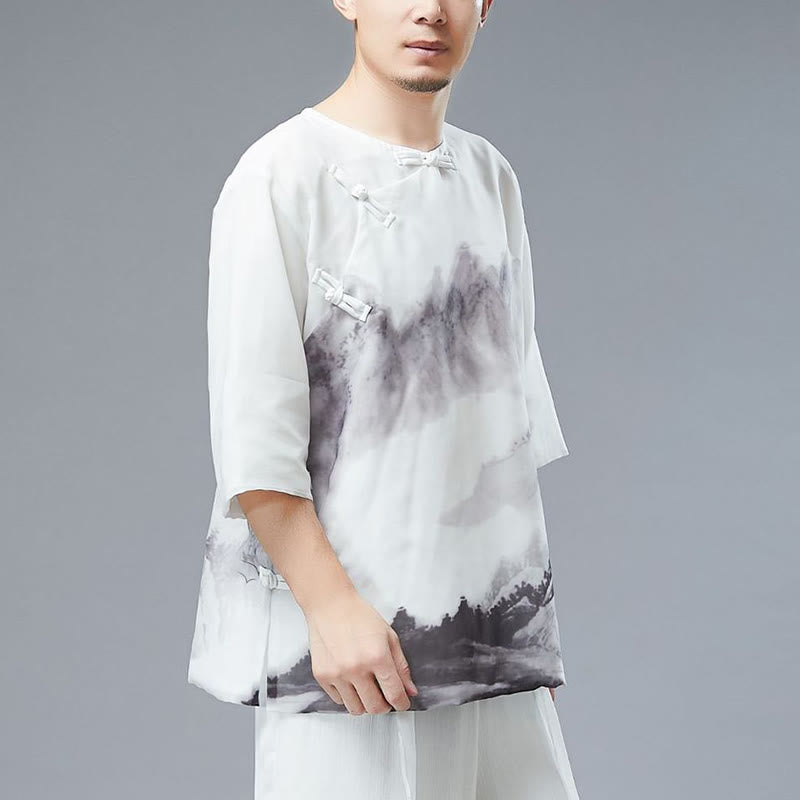 Camisa de Media Manga con Pintura de Tinta de Paisaje de Montaña y Botones de Rana para Hombre de Buddha Stones