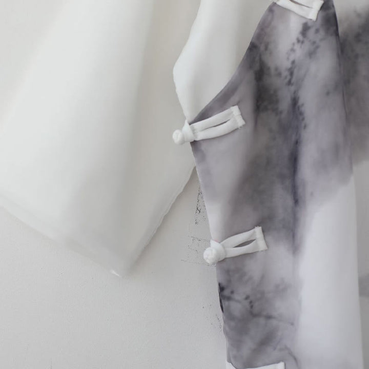 Camisa de Media Manga con Pintura de Tinta de Paisaje de Montaña y Botones de Rana para Hombre de Buddha Stones