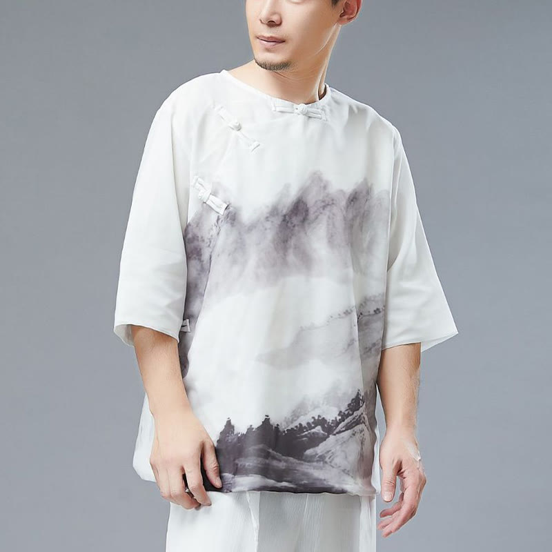 Camisa de Media Manga con Pintura de Tinta de Paisaje de Montaña y Botones de Rana para Hombre de Buddha Stones