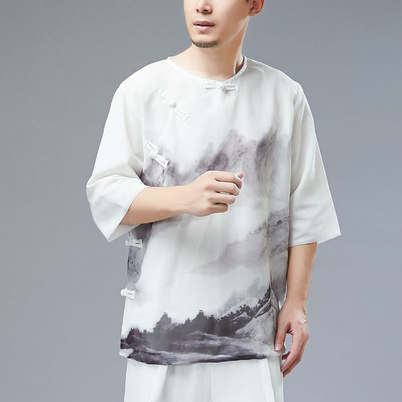 Camisa de Media Manga con Pintura de Tinta de Paisaje de Montaña y Botones de Rana para Hombre de Buddha Stones