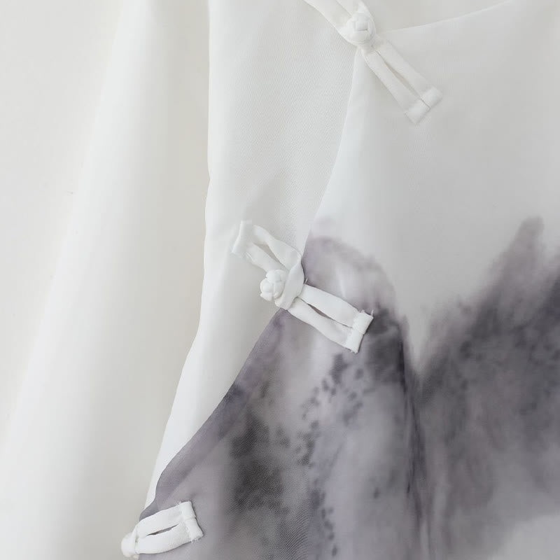 Camisa de Media Manga con Pintura de Tinta de Paisaje de Montaña y Botones de Rana para Hombre de Buddha Stones