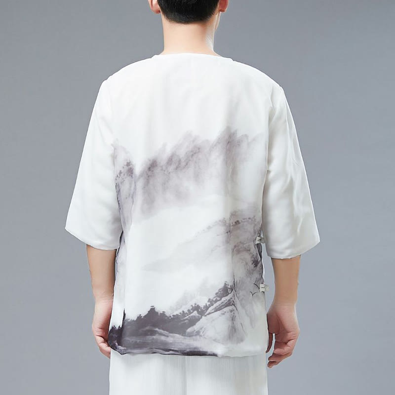 Camisa de Media Manga con Pintura de Tinta de Paisaje de Montaña y Botones de Rana para Hombre de Buddha Stones