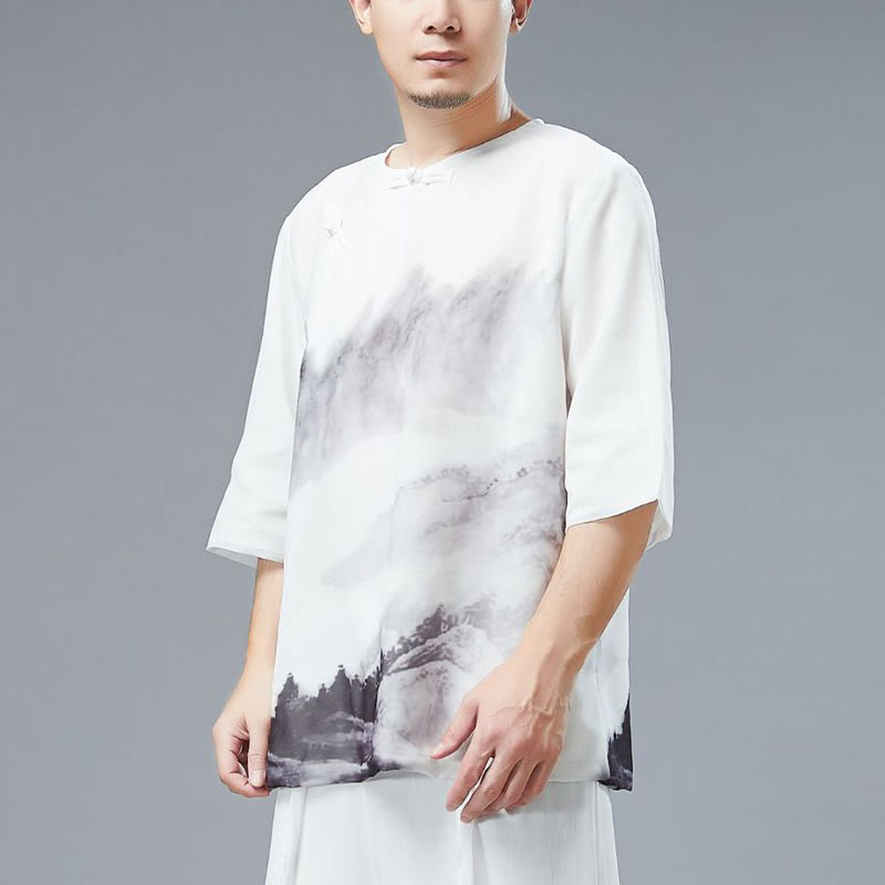 Camisa de Media Manga con Pintura de Tinta de Paisaje de Montaña y Botones de Rana para Hombre de Buddha Stones