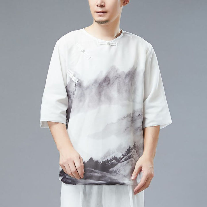 Camisa de Media Manga con Pintura de Tinta de Paisaje de Montaña y Botones de Rana para Hombre de Buddha Stones