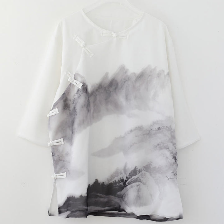 Camisa de Media Manga con Pintura de Tinta de Paisaje de Montaña y Botones de Rana para Hombre de Buddha Stones