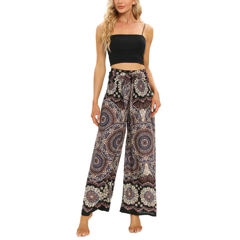 Pantalones anchos de pierna con cordones y estampado de mandala boho de piedras de Buda para mujer - image 6