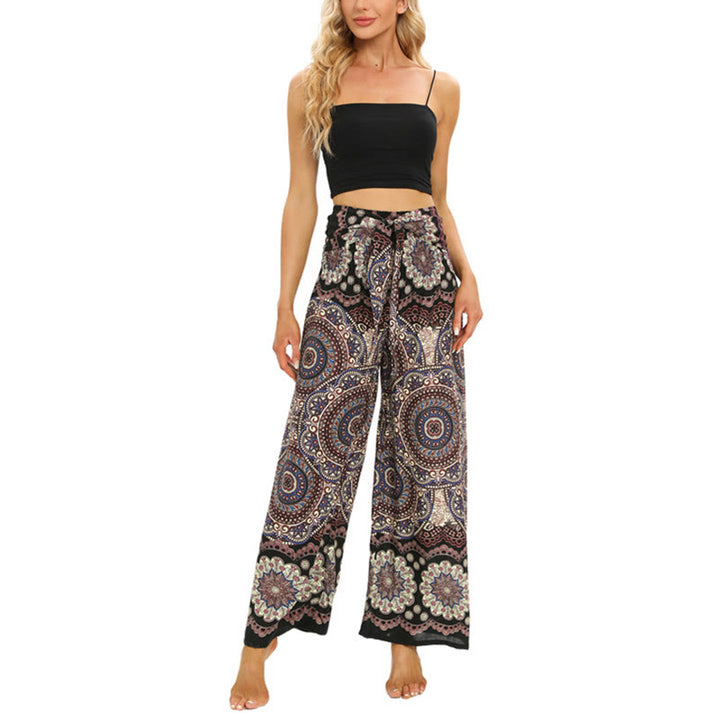 Pantalones anchos de pierna con cordones y estampado de mandala boho de piedras de Buda para mujer - image 6
