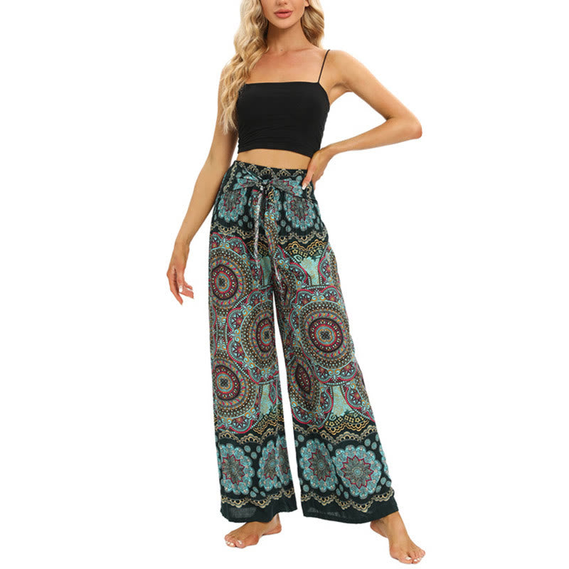 Pantalones anchos de pierna con cordones y estampado de mandala boho de piedras de Buda para mujer - image 12