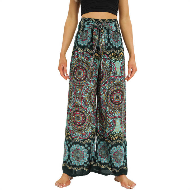 Pantalones anchos de pierna con cordones y estampado de mandala boho de piedras de Buda para mujer - Verde mar claro - US2-12, UK/AU6-16, EU34-44 (F) - image 9