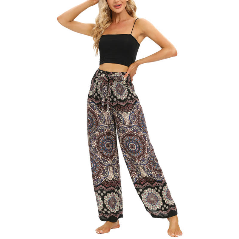 Pantalones anchos de pierna con cordones y estampado de mandala boho de piedras de Buda para mujer - image 8