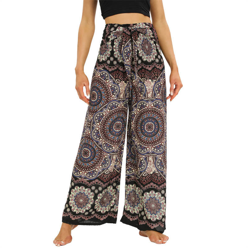 Pantalones anchos de pierna con cordones y estampado de mandala boho de piedras de Buda para mujer - Broncearse - US2-12, UK/AU6-16, EU34-44 (F) - image 1