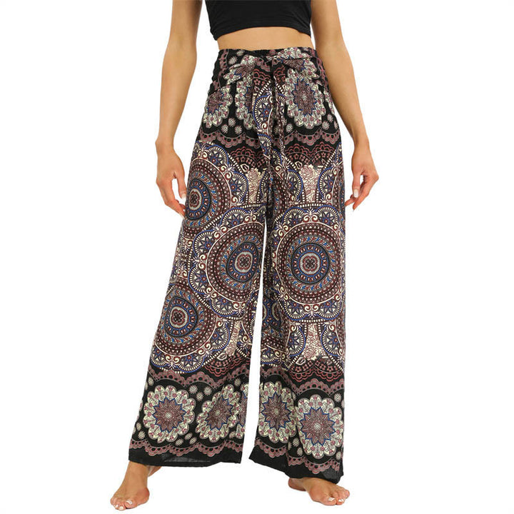 Pantalones anchos de pierna con cordones y estampado de mandala boho de piedras de Buda para mujer - Broncearse - US2-12, UK/AU6-16, EU34-44 (F) - image 1