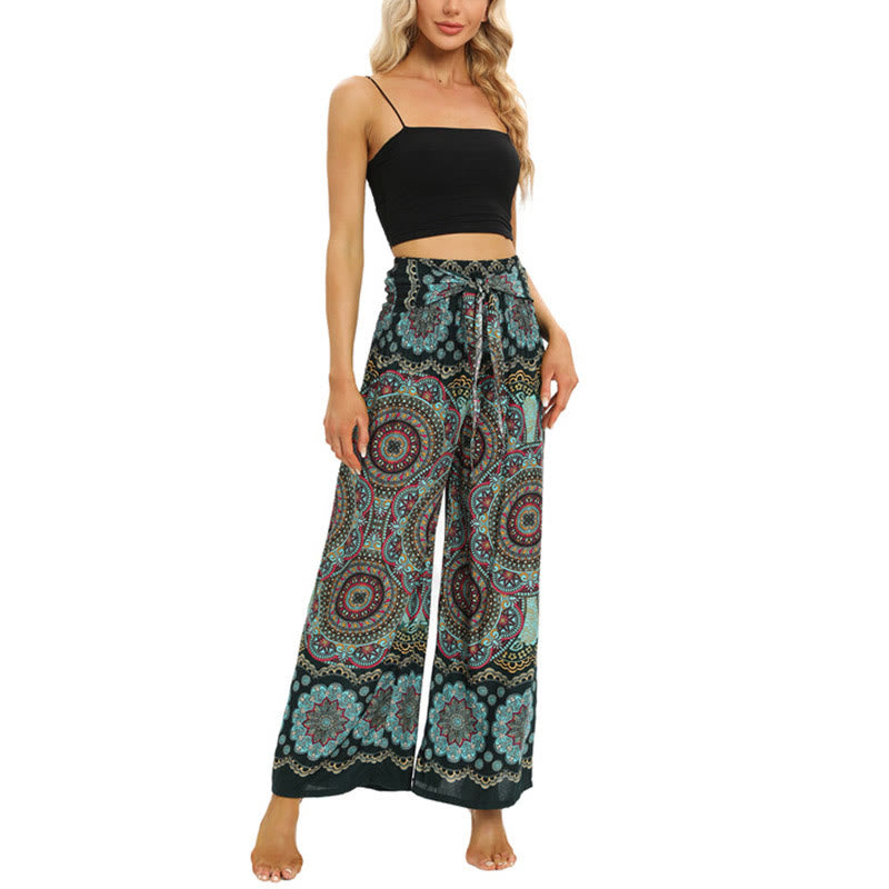 Pantalones anchos de pierna con cordones y estampado de mandala boho de piedras de Buda para mujer - image 14