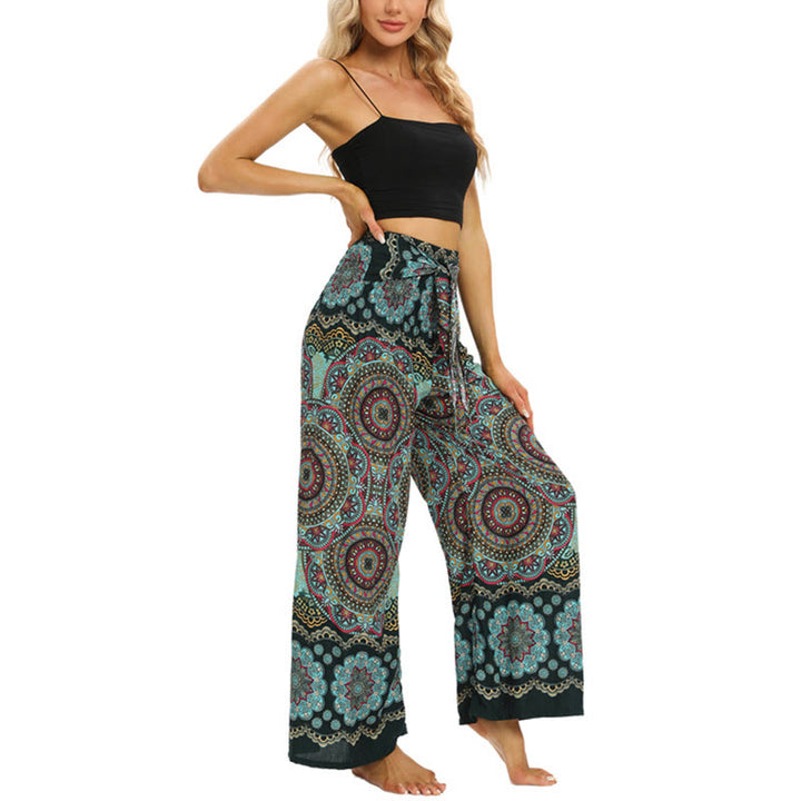 Pantalones anchos de pierna con cordones y estampado de mandala boho de piedras de Buda para mujer - image 16