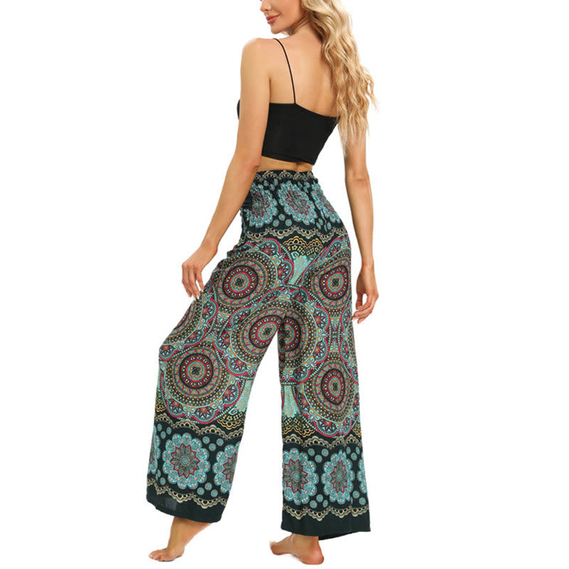 Pantalones anchos de pierna con cordones y estampado de mandala boho de piedras de Buda para mujer - image 13