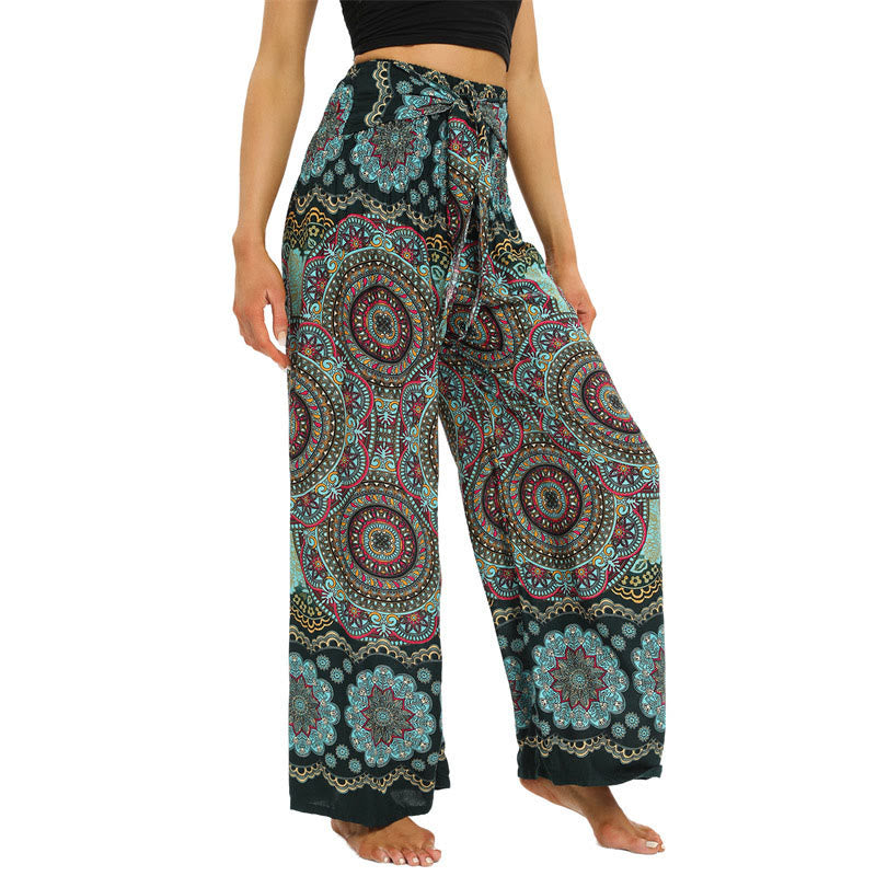 Pantalones anchos de pierna con cordones y estampado de mandala boho de piedras de Buda para mujer - image 10