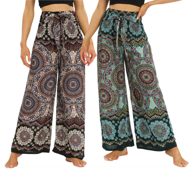 Pantalones anchos de pierna con cordones y estampado de mandala boho de piedras de Buda para mujer - image 0
