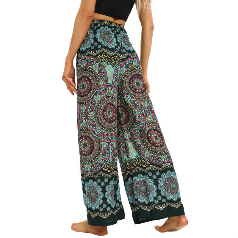Pantalones anchos de pierna con cordones y estampado de mandala boho de piedras de Buda para mujer - image 11