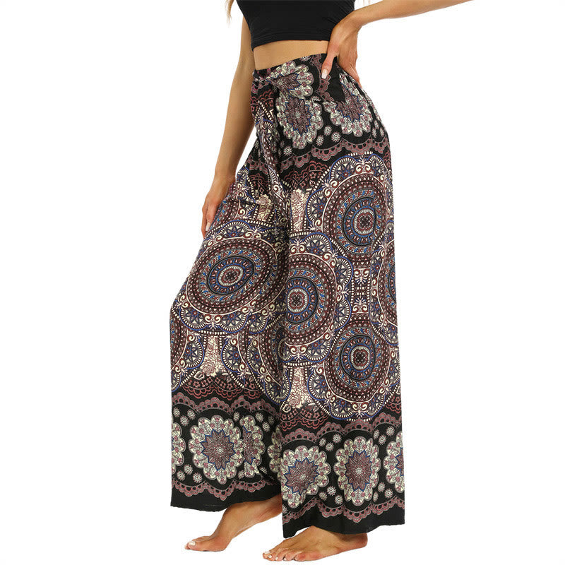 Pantalones anchos de pierna con cordones y estampado de mandala boho de piedras de Buda para mujer - image 2