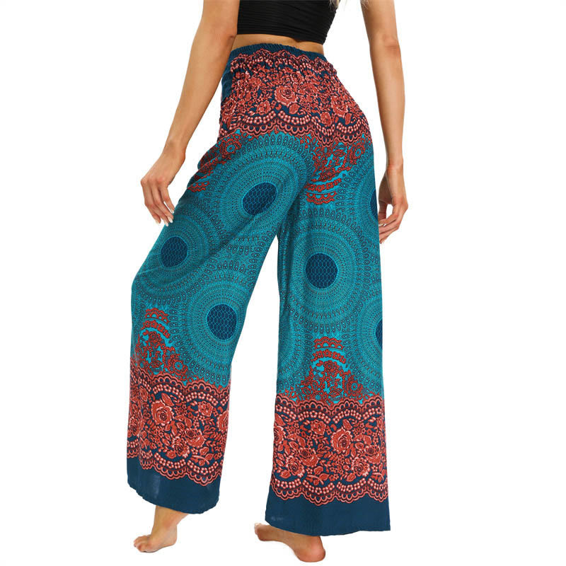 Pantalones Anchos con Estampado de Piedra de Buda, Flor de Compás Bohemia y Cordón, Pantalones de Yoga para Mujer