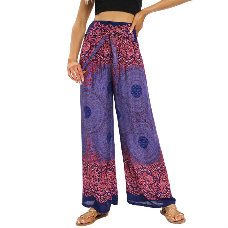Pantalones Anchos con Estampado de Piedra de Buda, Flor de Compás Bohemia y Cordón, Pantalones de Yoga para Mujer