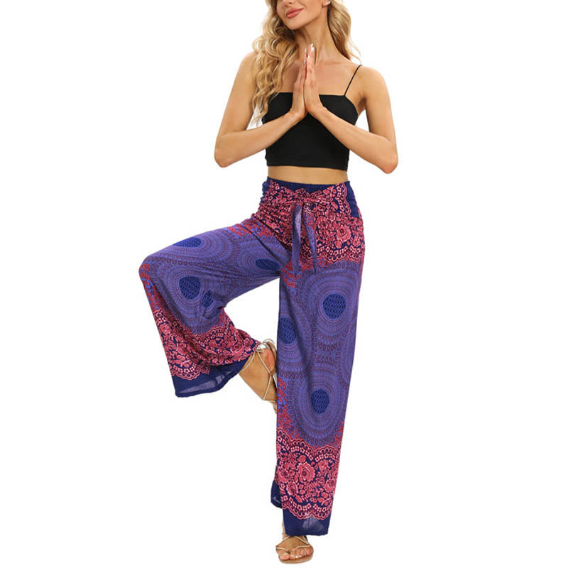 Pantalones Anchos con Estampado de Piedra de Buda, Flor de Compás Bohemia y Cordón, Pantalones de Yoga para Mujer