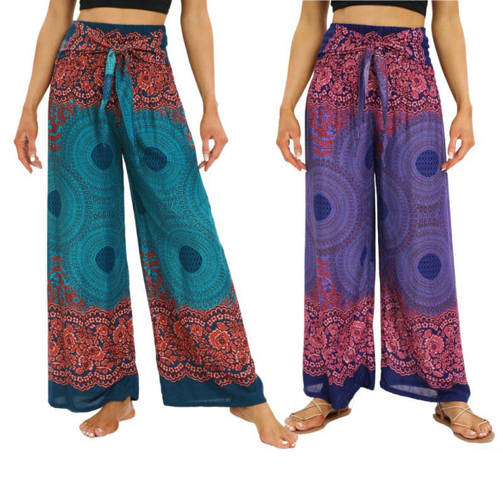 Pantalones Anchos con Estampado de Piedra de Buda, Flor de Compás Bohemia y Cordón, Pantalones de Yoga para Mujer