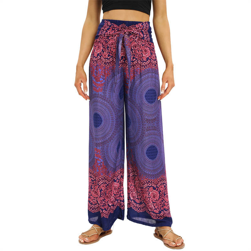 Pantalones Anchos con Estampado de Piedra de Buda, Flor de Compás Bohemia y Cordón, Pantalones de Yoga para Mujer