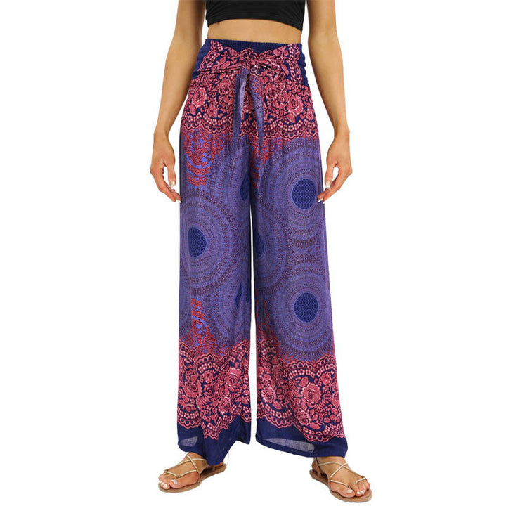 Pantalones Anchos con Estampado de Piedra de Buda, Flor de Compás Bohemia y Cordón, Pantalones de Yoga para Mujer