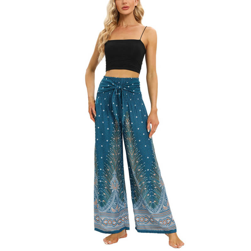 Pantalones anchos de encaje con plumas de pavo real bohemias de piedras de Buda Pantalones de yoga para mujer - image 15