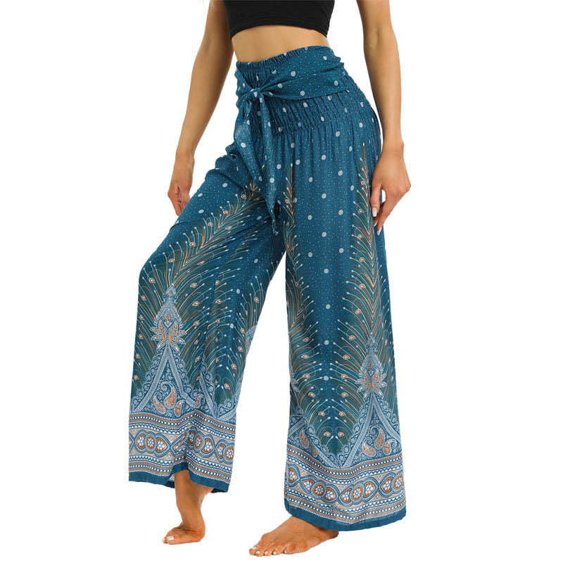 Pantalones anchos de encaje con plumas de pavo real bohemias de piedras de Buda Pantalones de yoga para mujer - image 10