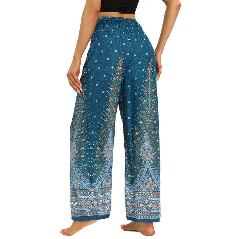 Pantalones anchos de encaje con plumas de pavo real bohemias de piedras de Buda Pantalones de yoga para mujer - image 11