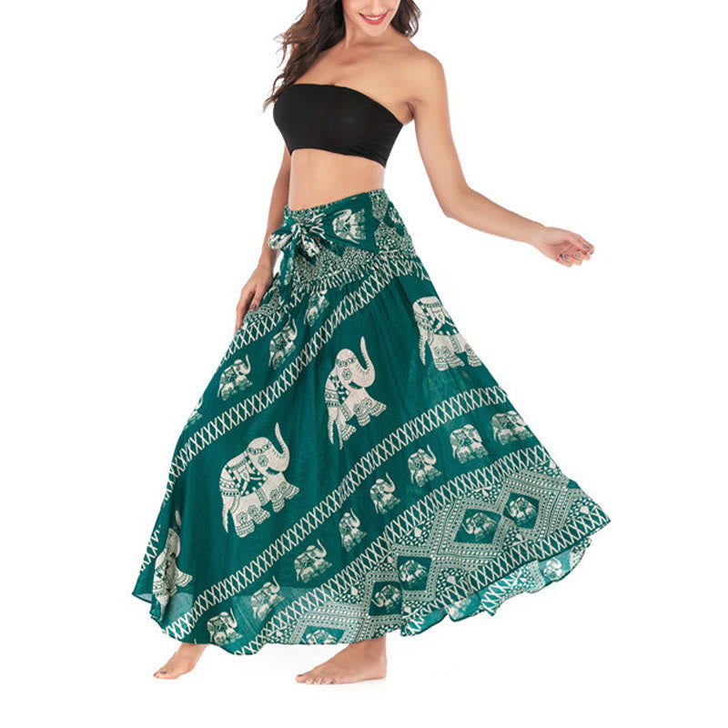 Buddha Stones Dos Estilos Vestido Bohemio de Verano Elefantes Líneas Falda con Cinturón