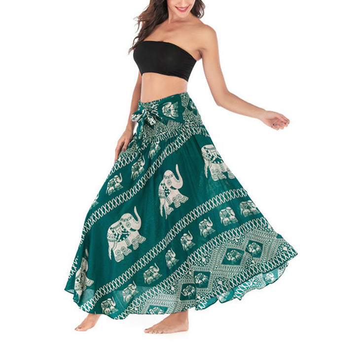 Buddha Stones Dos Estilos Vestido Bohemio de Verano Elefantes Líneas Falda con Cinturón