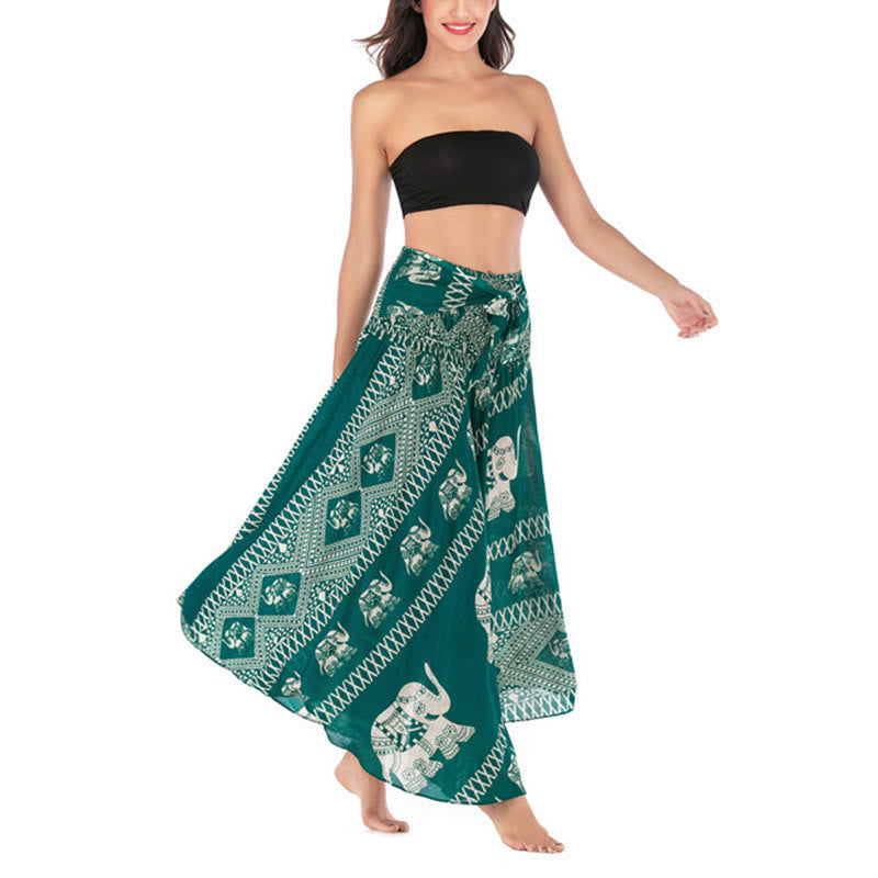 Buddha Stones Dos Estilos Vestido Bohemio de Verano Elefantes Líneas Falda con Cinturón