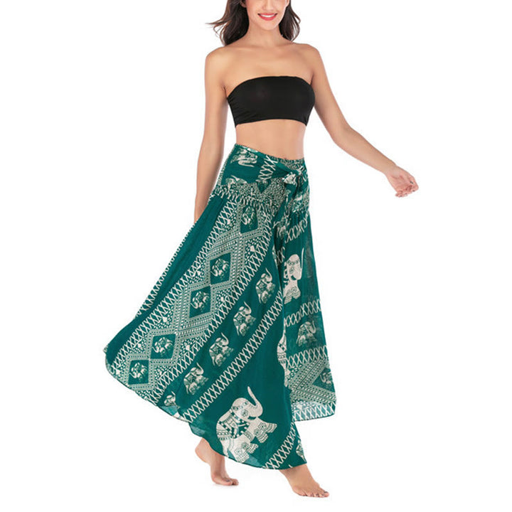 Buddha Stones Dos Estilos Vestido Bohemio de Verano Elefantes Líneas Falda con Cinturón