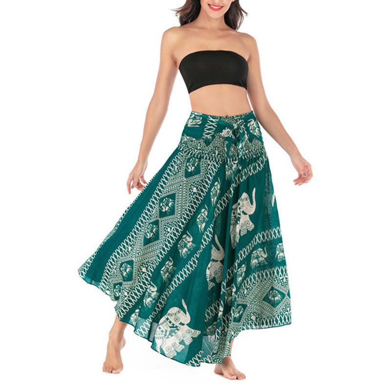 Buddha Stones Dos Estilos Vestido Bohemio de Verano Elefantes Líneas Falda con Cinturón