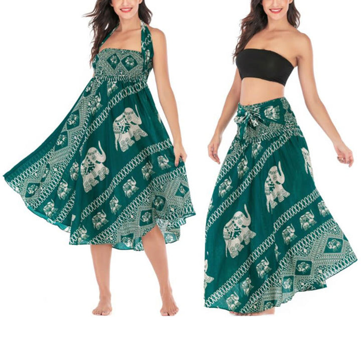 Buddha Stones Dos Estilos Vestido Bohemio de Verano Elefantes Líneas Falda con Cinturón
