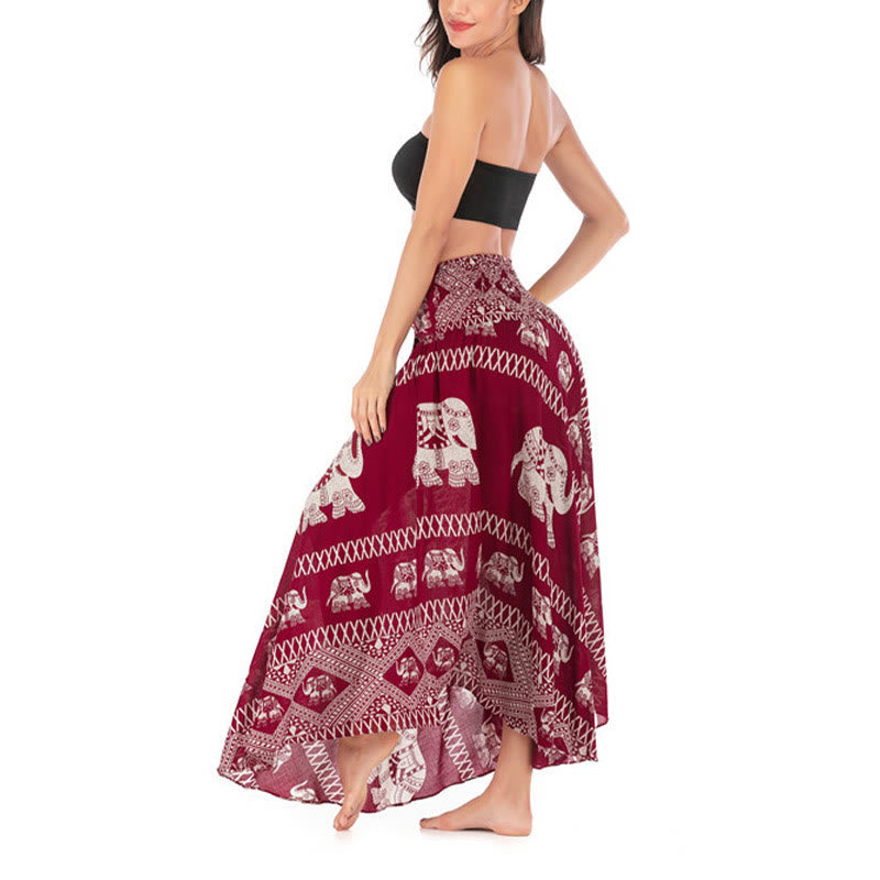 Buddha Stones Dos Estilos Vestido Bohemio de Verano Elefantes Líneas Falda con Cinturón