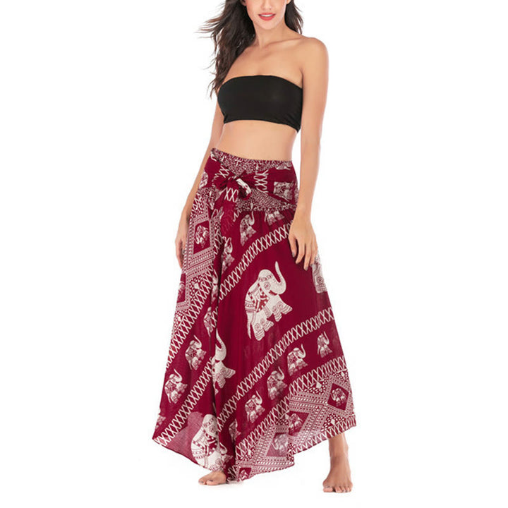 Buddha Stones Dos Estilos Vestido Bohemio de Verano Elefantes Líneas Falda con Cinturón
