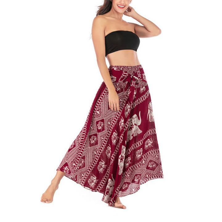 Buddha Stones Dos Estilos Vestido Bohemio de Verano Elefantes Líneas Falda con Cinturón