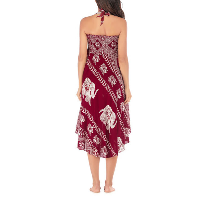 Buddha Stones Dos Estilos Vestido Bohemio de Verano Elefantes Líneas Falda con Cinturón