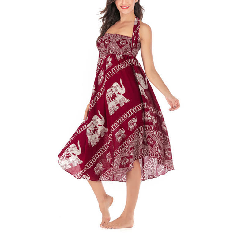 Buddha Stones Dos Estilos Vestido Bohemio de Verano Elefantes Líneas Falda con Cinturón