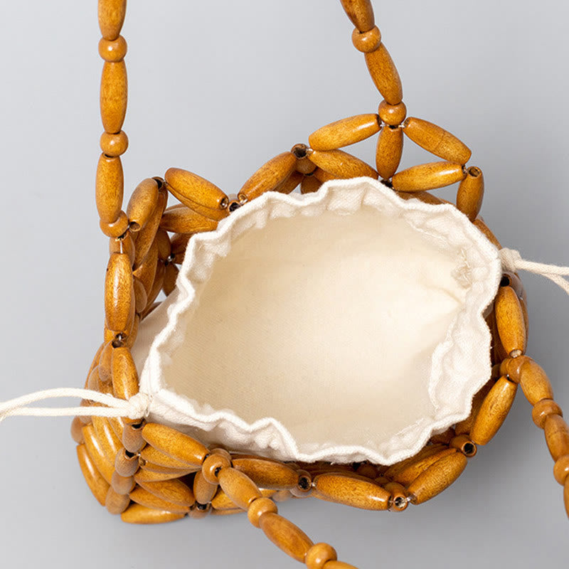 Buddha Stones Bolso de Mano de Cuentas de Madera Tejido a Mano
