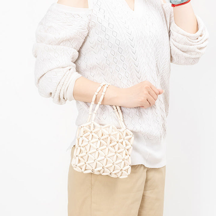 Buddha Stones Bolso de Mano de Cuentas de Madera Tejido a Mano