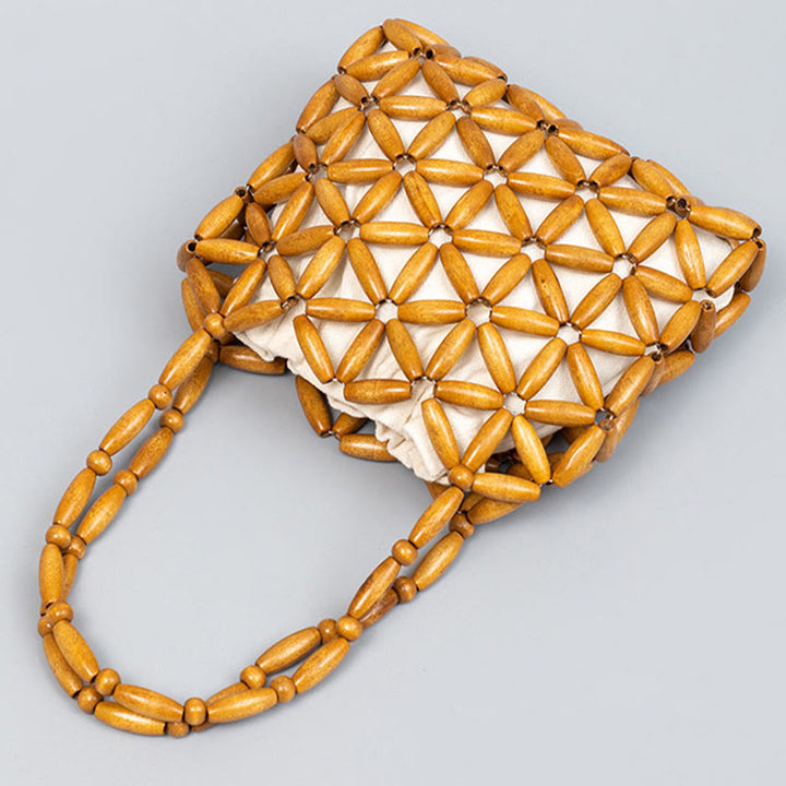 Buddha Stones Bolso de Mano de Cuentas de Madera Tejido a Mano